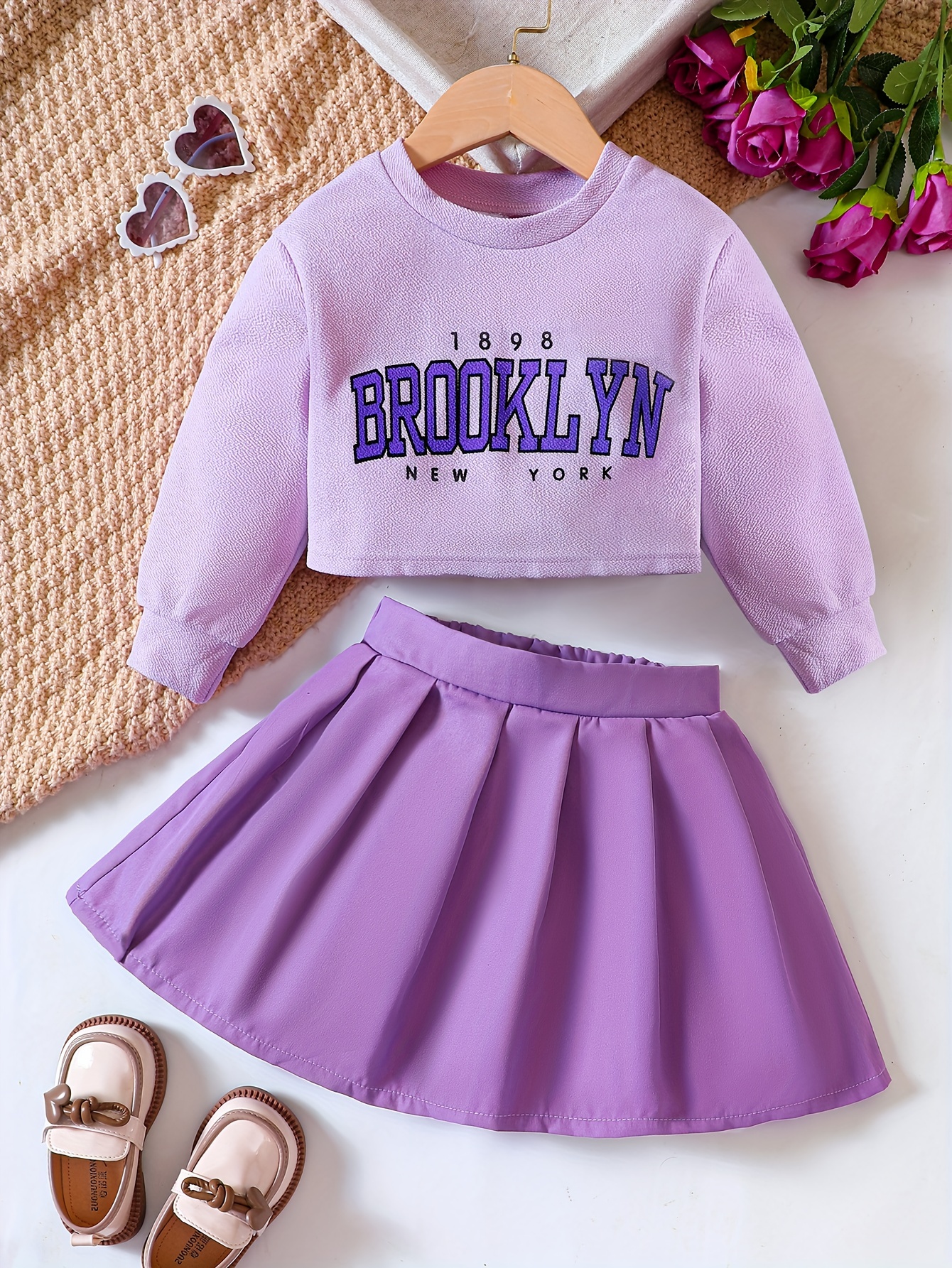 Girl's Preppy Style Outfit Letter Print Sweatshirt Pleated - Temu Kuwait