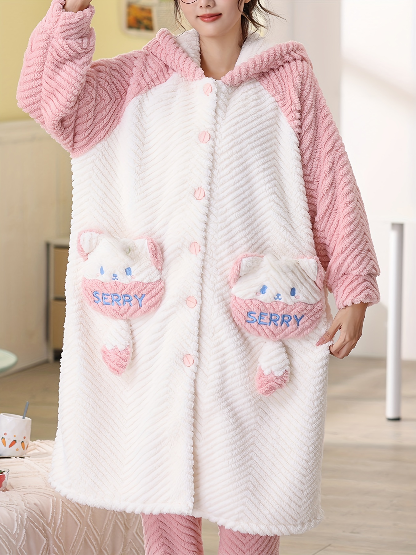 Cartoon Cat Hooded Night Robe, Long Sleeve Buttons Fuzzy Robe With Pockets,  Women's Sleepwear