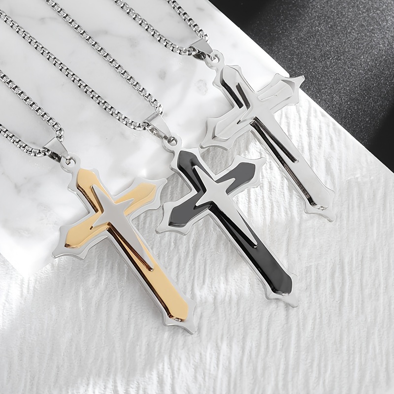 1pc Fashionable Stainless Steel Double Layer Chain Cross Pendant Necklace