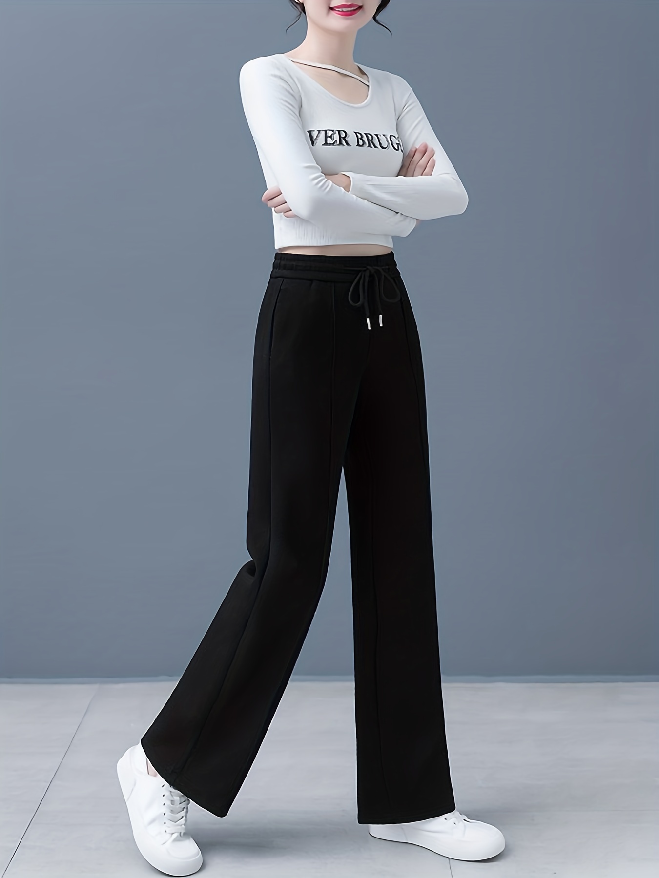 Solid Belt Less High Waisted Wide Leg Trousers Straight Leg Relaxed Dance  Sweatpants for Women Business Casual