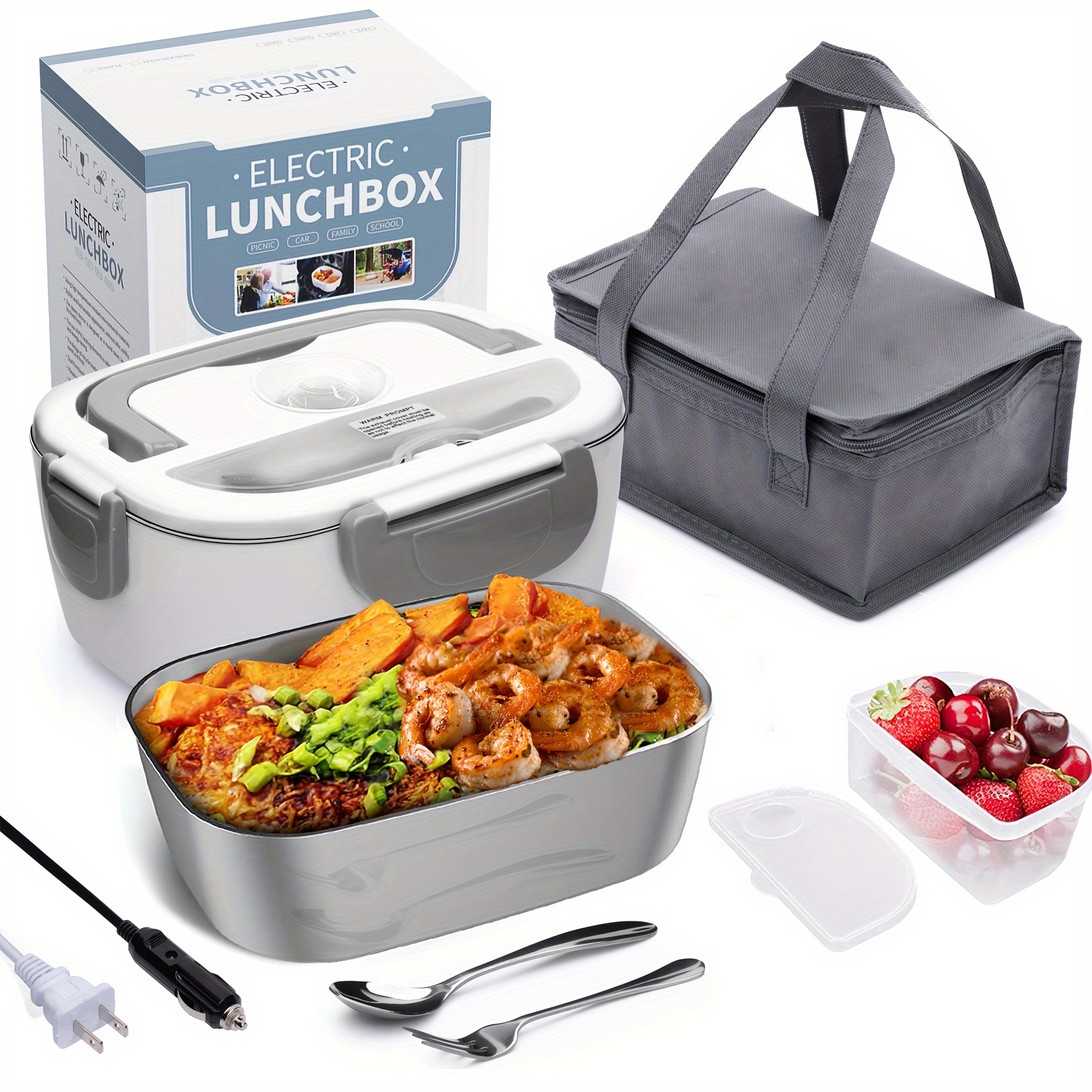 Electric Lunch Box with Insulated Lunch Bag ,Heated Lunch Box for Car Office School Home Use with Forks & Spoon,1.5L Removable 304 Stainless Steel