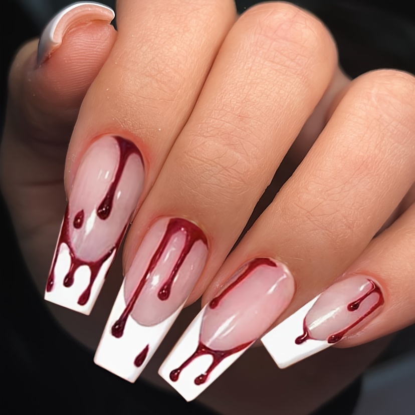 24pcs Halloween False Nails Long Coffin, White Tip French Stick on