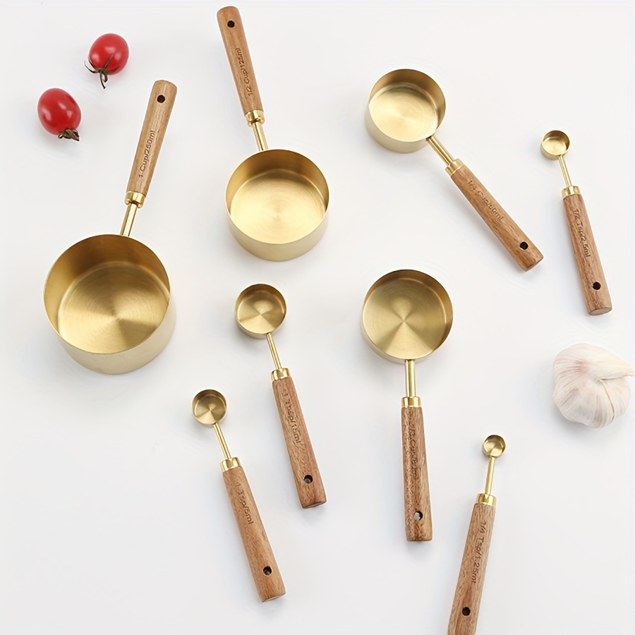 4 8pcs set measuring cups and measuring spoons set multifunctional stainless steel measuring spoon and measuring cup with wooden handle graduated measuring spoon set baking tool for cooking and baking apartment essentials kitchen accessories details 3