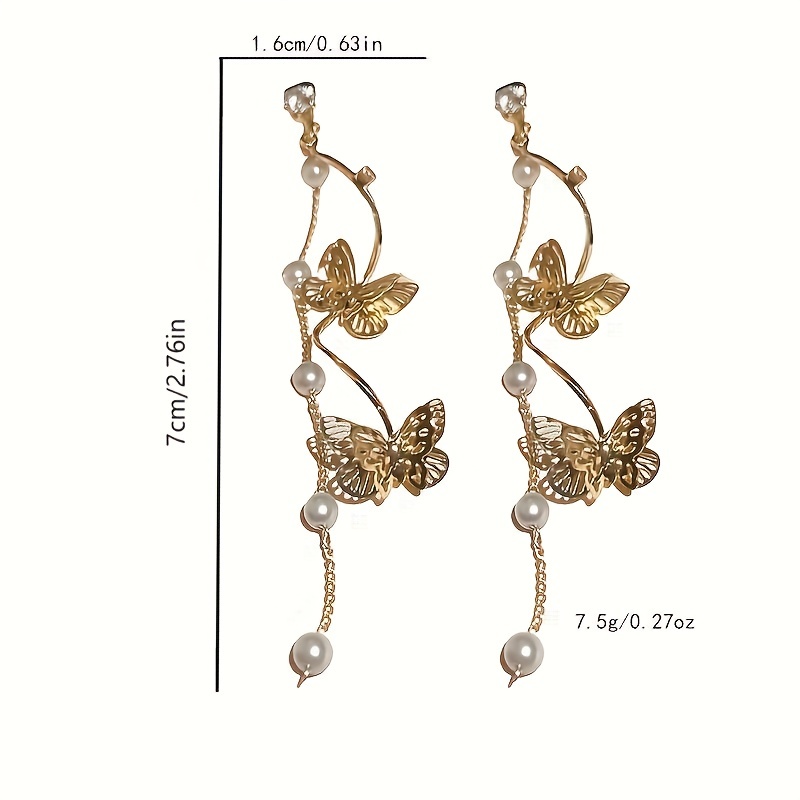 Butterfly Faux Pearl Stud Earrings with Long Tassel