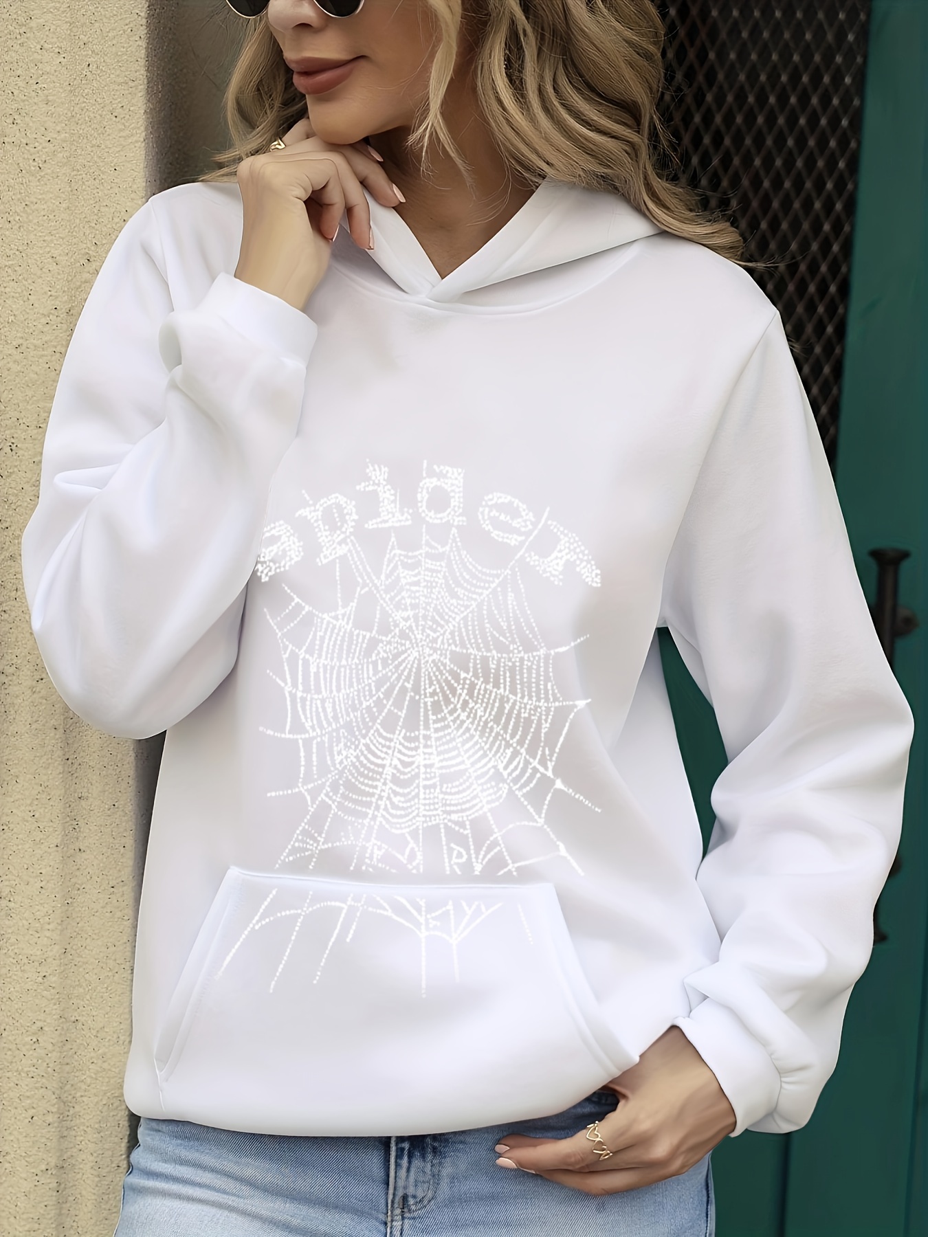 Spider Print Kangaroo Pocket Hoodie, Sudadera Con Capucha De Manga Larga  Casual Con Cordón, Ropa De Mujer