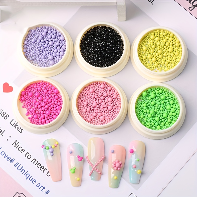 

6 Boxes Fluorescent Macaron Colored Nail Art Beads, Various Sizes Round-shaped Bubble Bead For Nail Salons, Caviar Bead For Music Festival