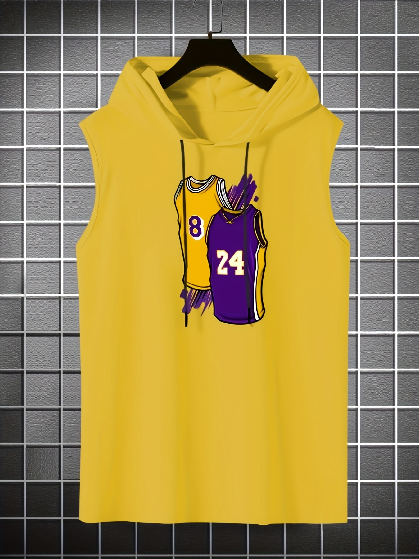 Basketball Jersey Pattern Hooded Tank Top, Men's Casual Stretch