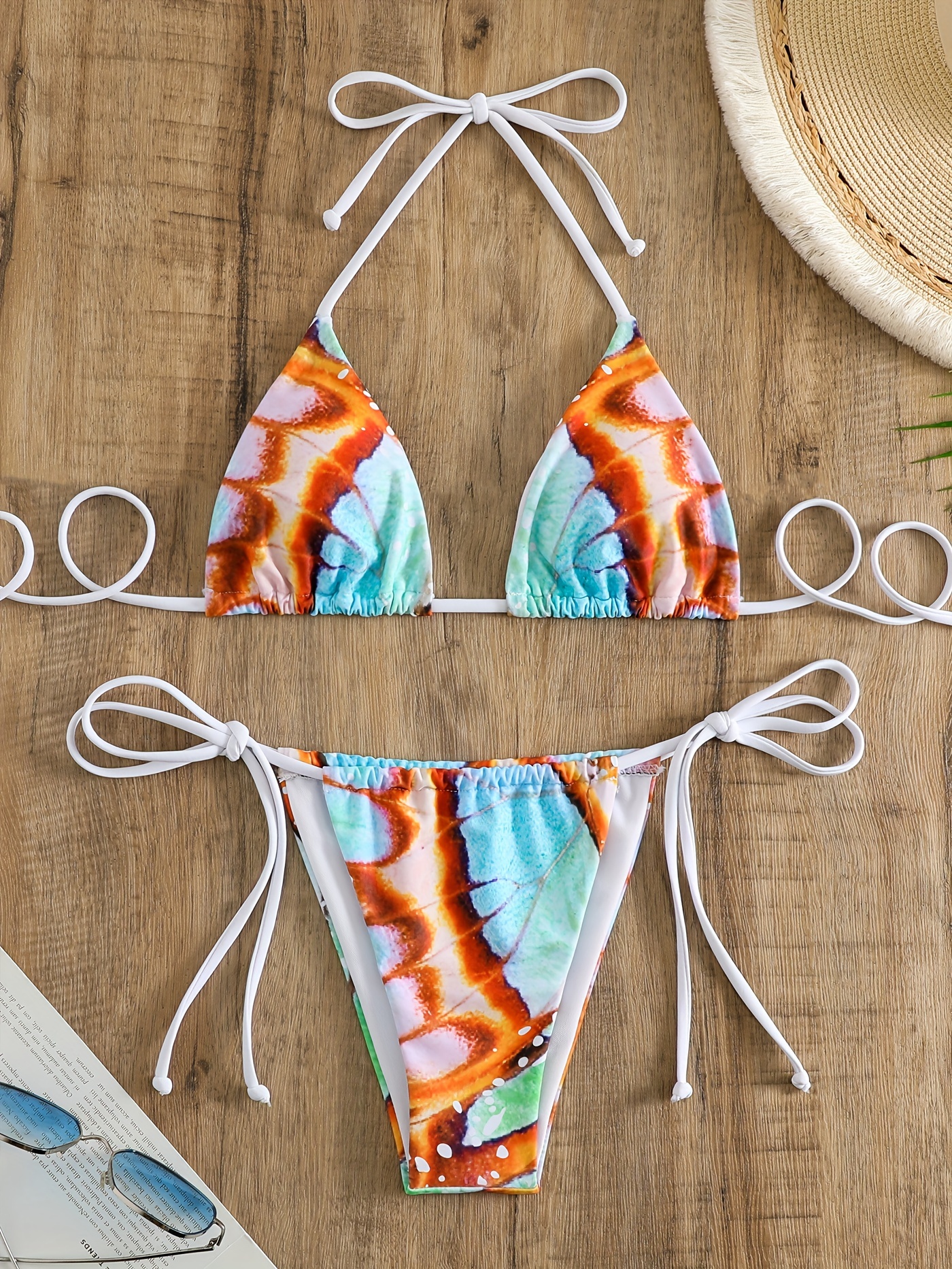 Butterfly Print Triangle Bikini Halter V Neck Tie Back - Temu