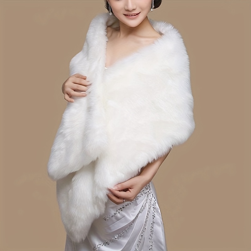 Solid Color Faux Fur Shawl, Elegant Style Thickened Warm Furry Cape With  Rhinestone Buckle, Wedding Dress Outside Warm Plush Shawl For Bridal