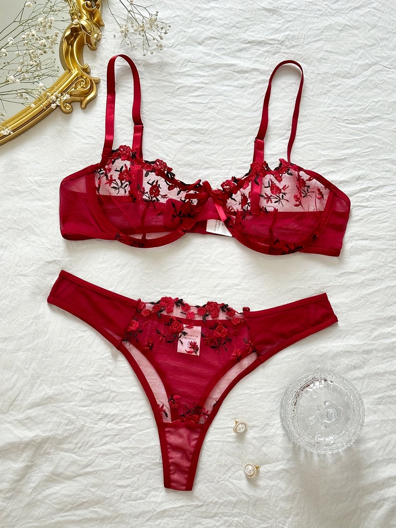 Wine Red Women'sy Lace Erotic Lingerie Suits Bra Garters Thongs Sets Women  Embroidery Floral Bra