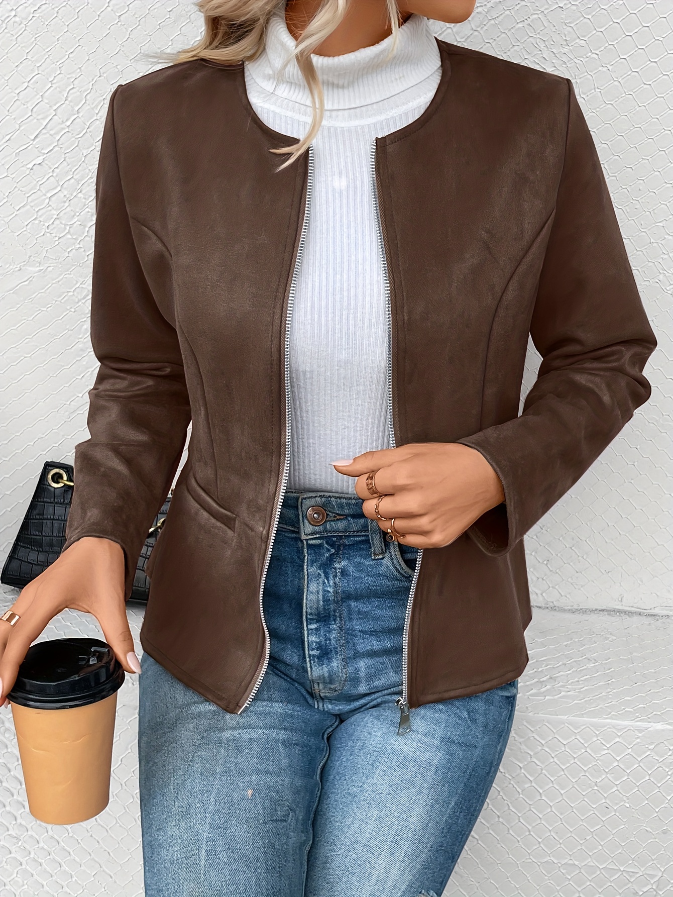 Tops For Women Women - Casual Coat Long Sleeves Suit Style Leather Jacket  Women Brown M 