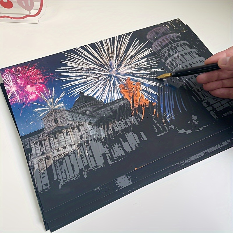 Scratch Art Rainbow Painting Paper, 4 Sheets (A4) Fireworks City