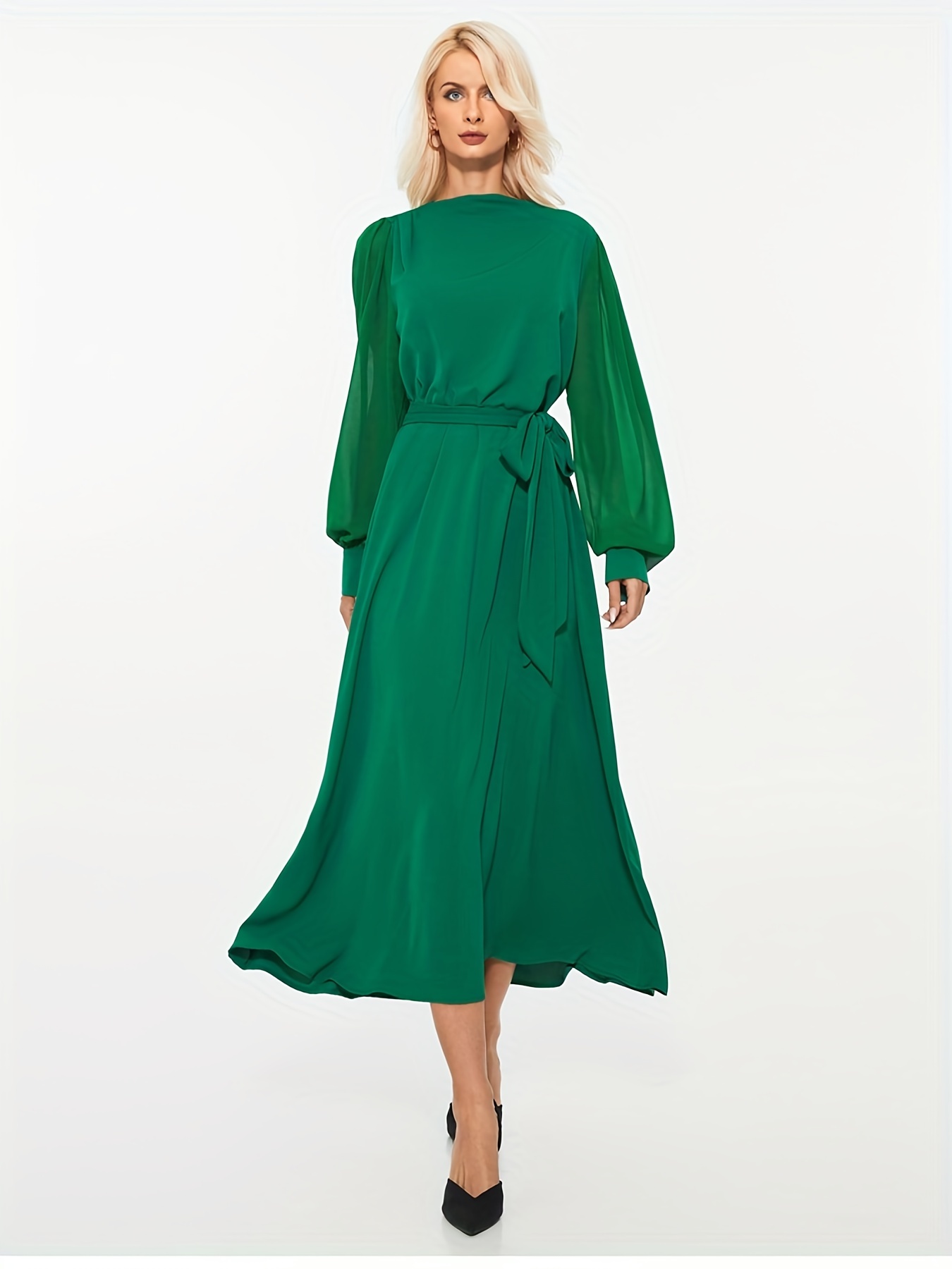 Laternenärmeliges schlichtes Kleid, elegantes Midi-Kleid mit Stehkragen, Damenbekleidung