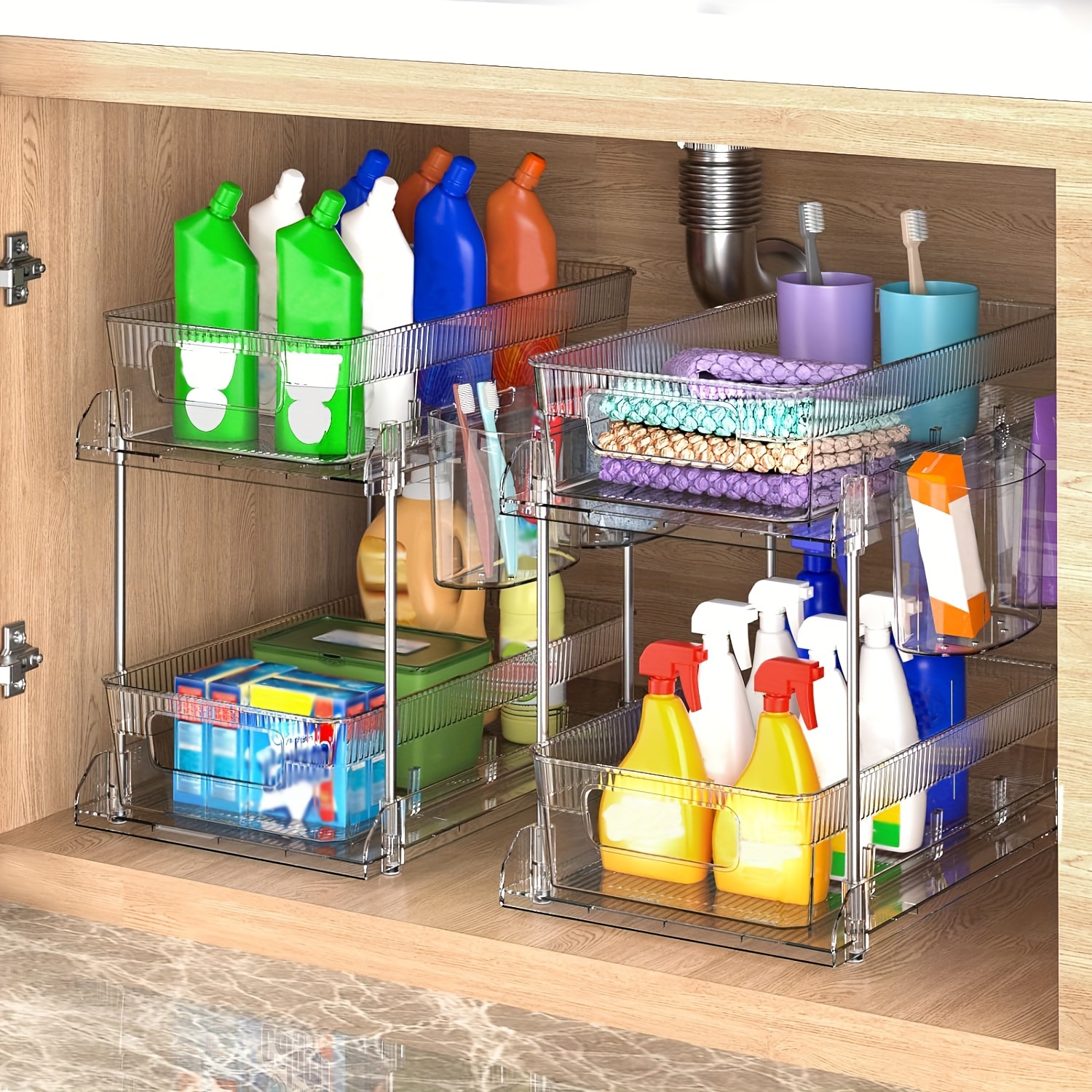 1pc 2-Tier Under The Sink Organizer, Slide-Out Bathroom Cabinet Organizer  With Hook/Cup/Dividers, Under Bathroom Sink Organizer And Storage, For Kitch