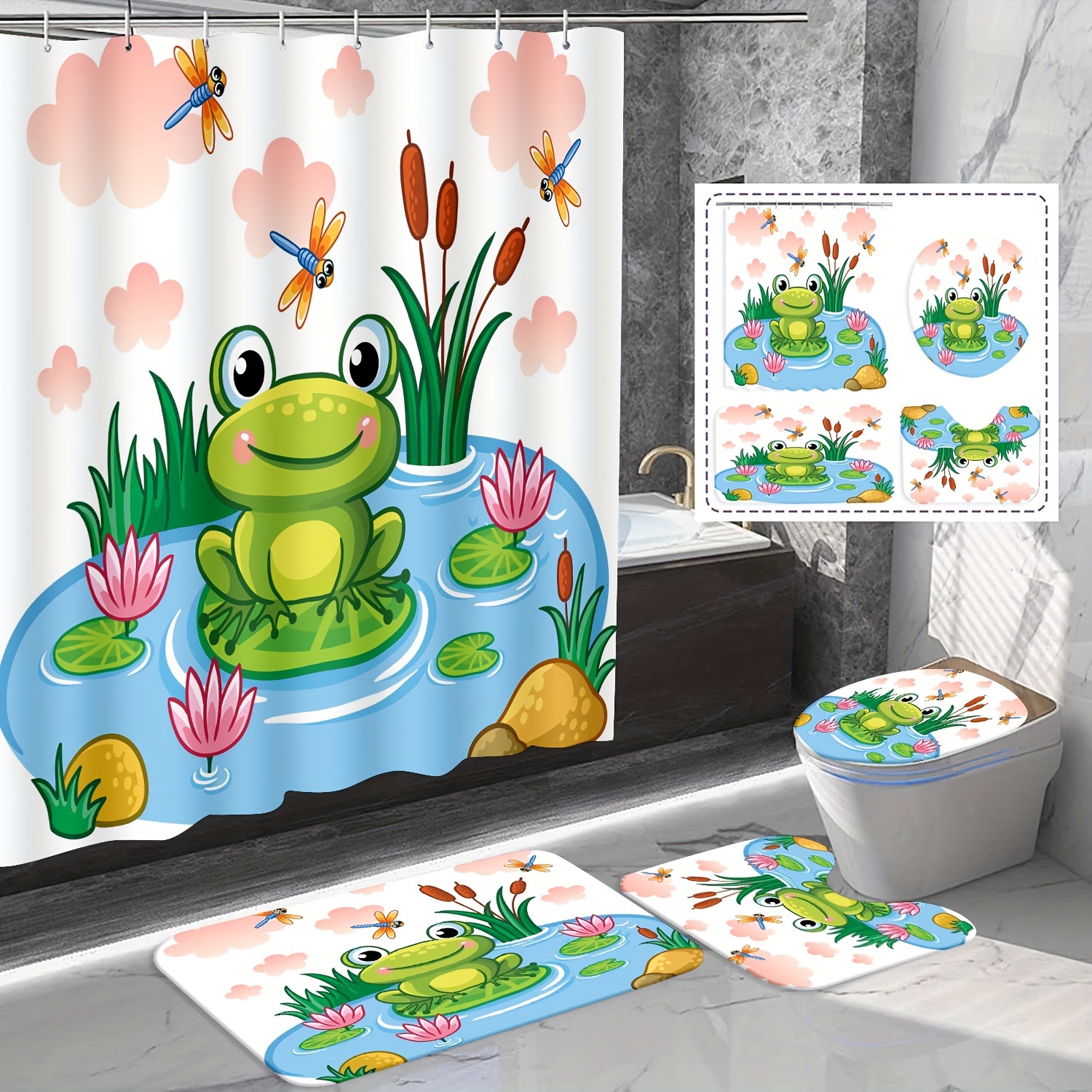 1/4PCS Green Cartoon Frog Shower Curtain And Mats, Cute Frog Sits Leaf In  Pond Design Bath Mat Rug, Contour Mat Toilet Cover, Fabric Waterproof Shower