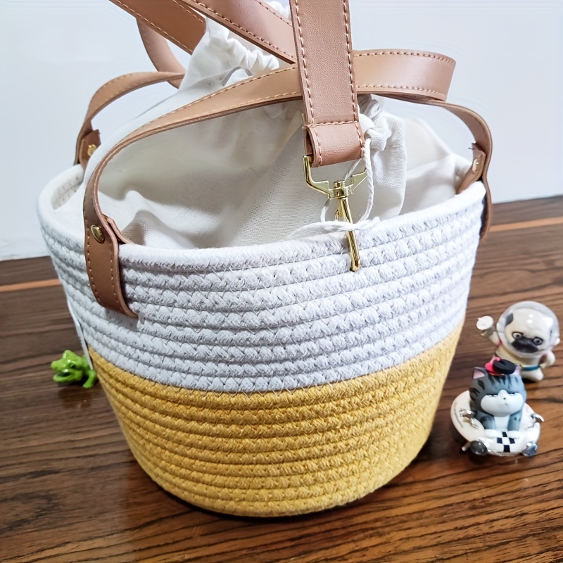 Colorblock Straw Bucket Bag Crossbody Drawstring Purse