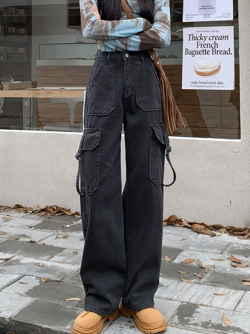 Pantalones Cargo Lisos De Cintura Alta, Bolsillos Holgados Con Solapa,  Jeans Rectos Estilo Y2K Y Kpop, Jeans Y Ropa De Mezclilla Para Mujer
