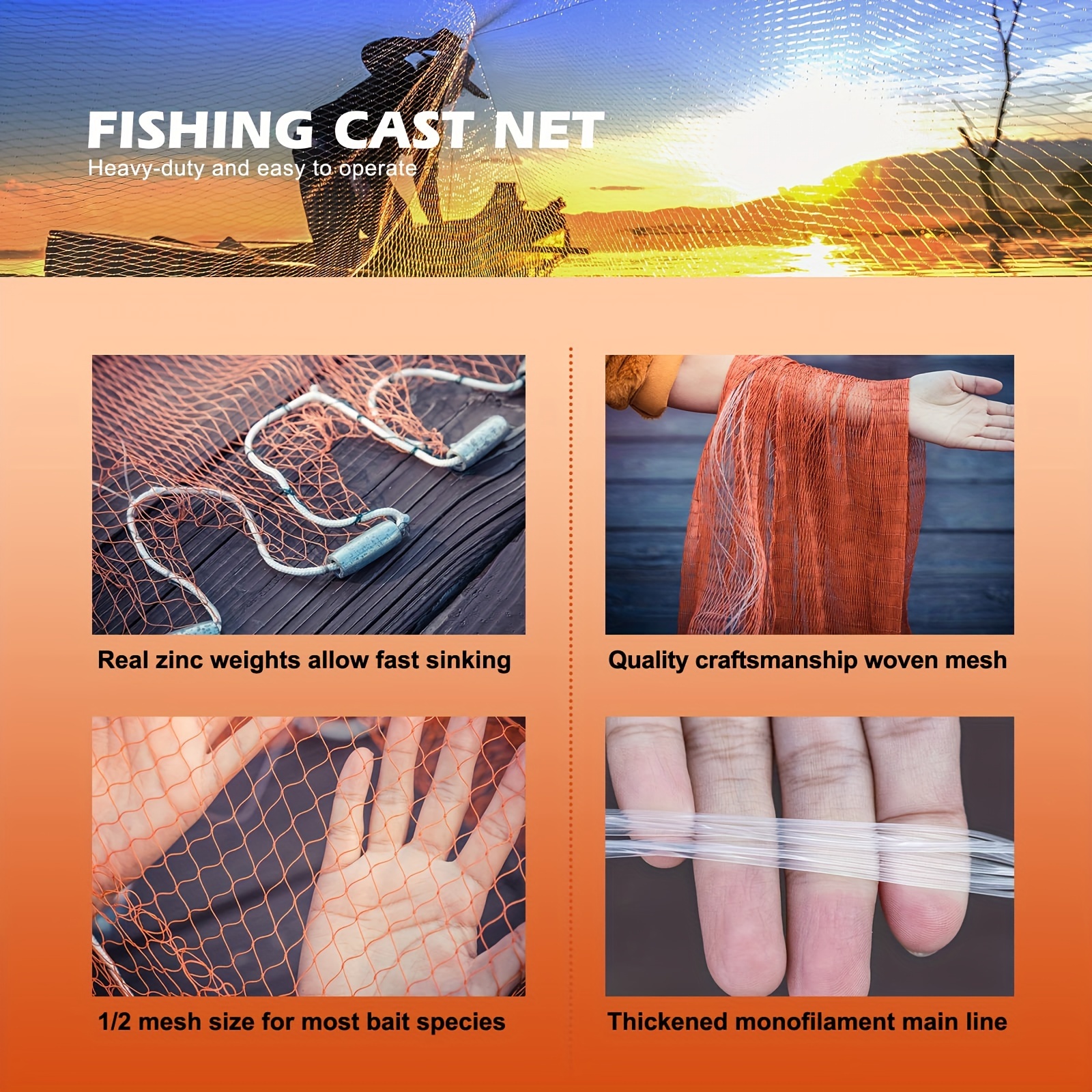 8ft 2.4m Fishing Net Bait Easy Throw Hand Cast 3/4 Inch Strong Nylon Mesh +  Sinker