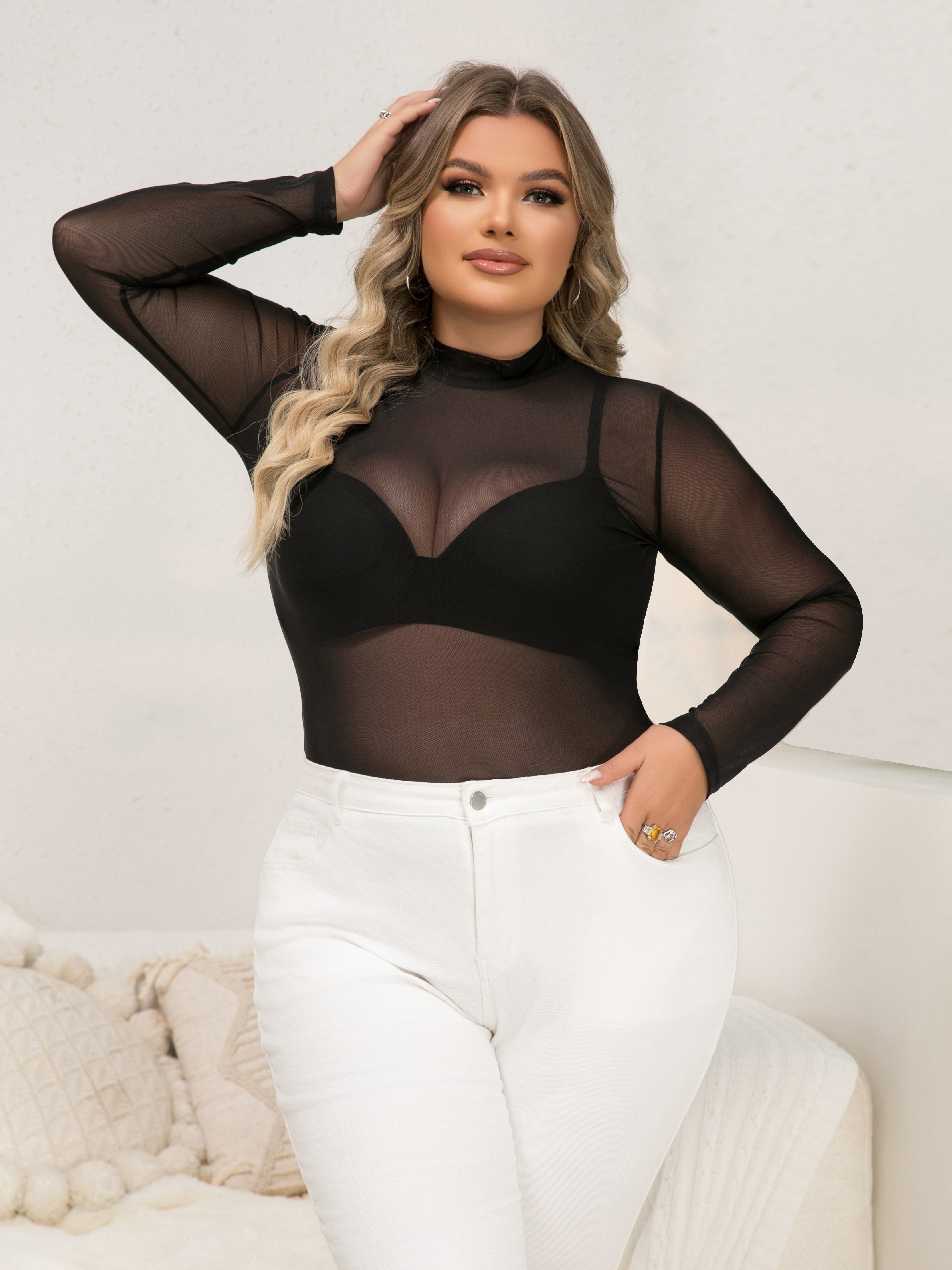 Plus Size Sexy T-shirt, Women's Plus Solid Mesh Long Sleeve High Neck  Skinny High Stretch Top