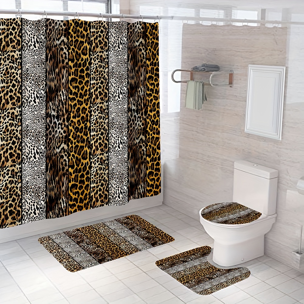 Cortina de Ducha Leopardo MarróN Cortina de Baño Tela Impermeable Antimoho  y Lavables Divertida Poliester Cortina Baño para Bañera y Ducha con 12