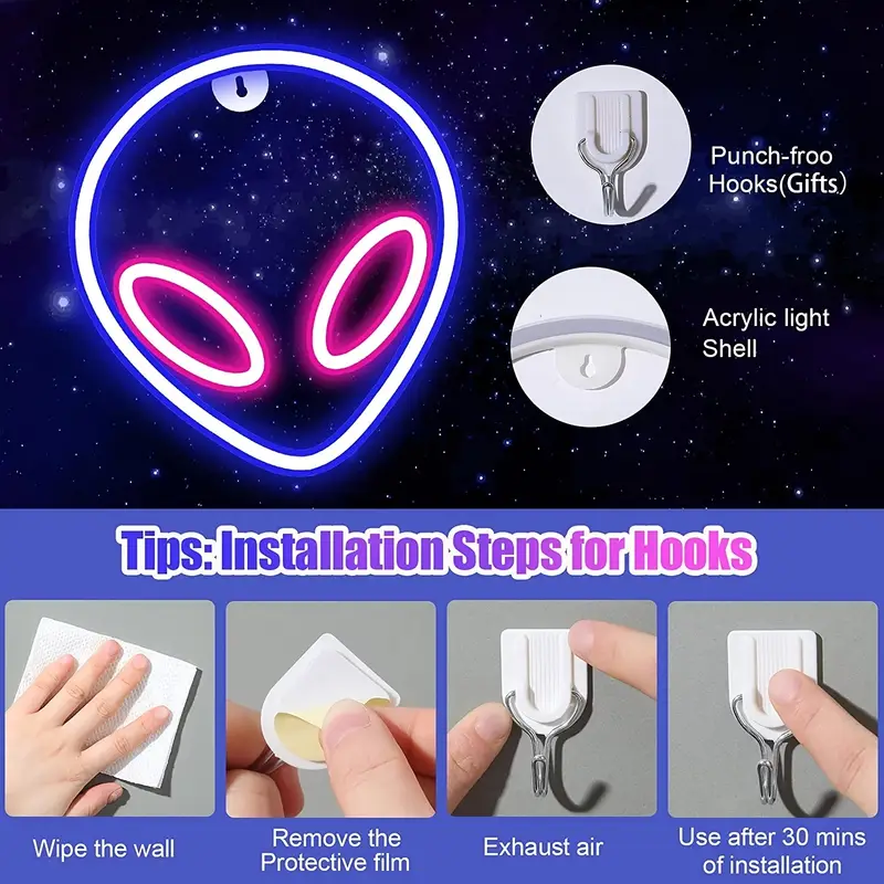 1pc Alien shaped LED Neon Sign USB Battery Powered Neon Light With Switch For Bedroom Wedding Birthday Party Game Room Home Wall Decor