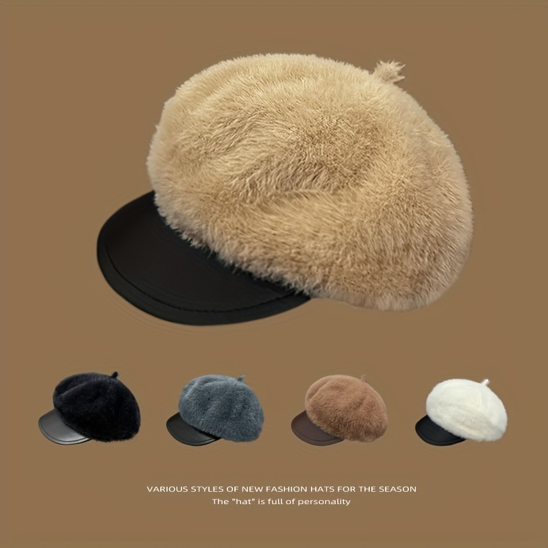 Women Beret Hat Faux Fur Fluffy Solid Soft Warm Autumn Winter