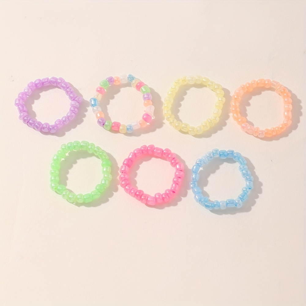 

7pcs Mixed Color Beaded Rings, Daily Decorations For Girls, Ideal Choice For Gifts