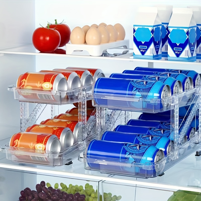 Organizador de almacenamiento de latas de soda de doble capa mejorado,  dispensador de latas de soda para refrigerador, soporte de bebidas para