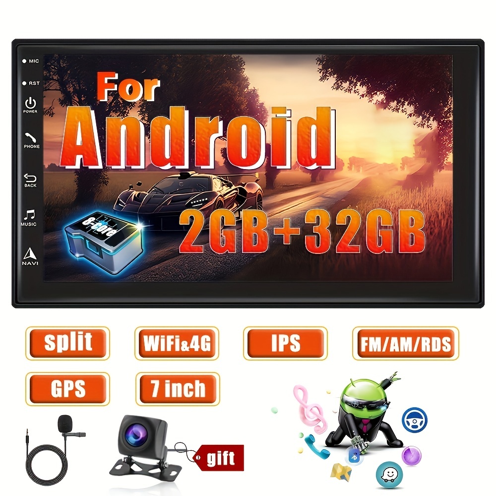  1+32G Android Double Din Car Stereo Audio HD 1080P 10 inch  Touchscreen in-Dash GPS Navigation Head Unit Support WiFi Bluetooth FM Radio  EQ ASP USB Android/iOS Mirror Link + Rear View