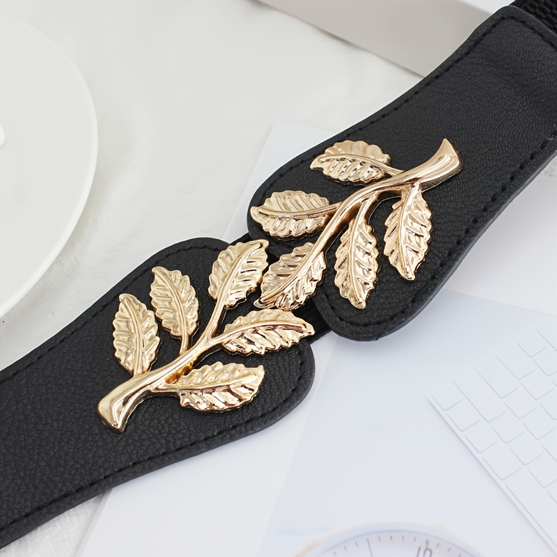 Metal Leaf Decoration Thin Elastic Waist Belt For Women