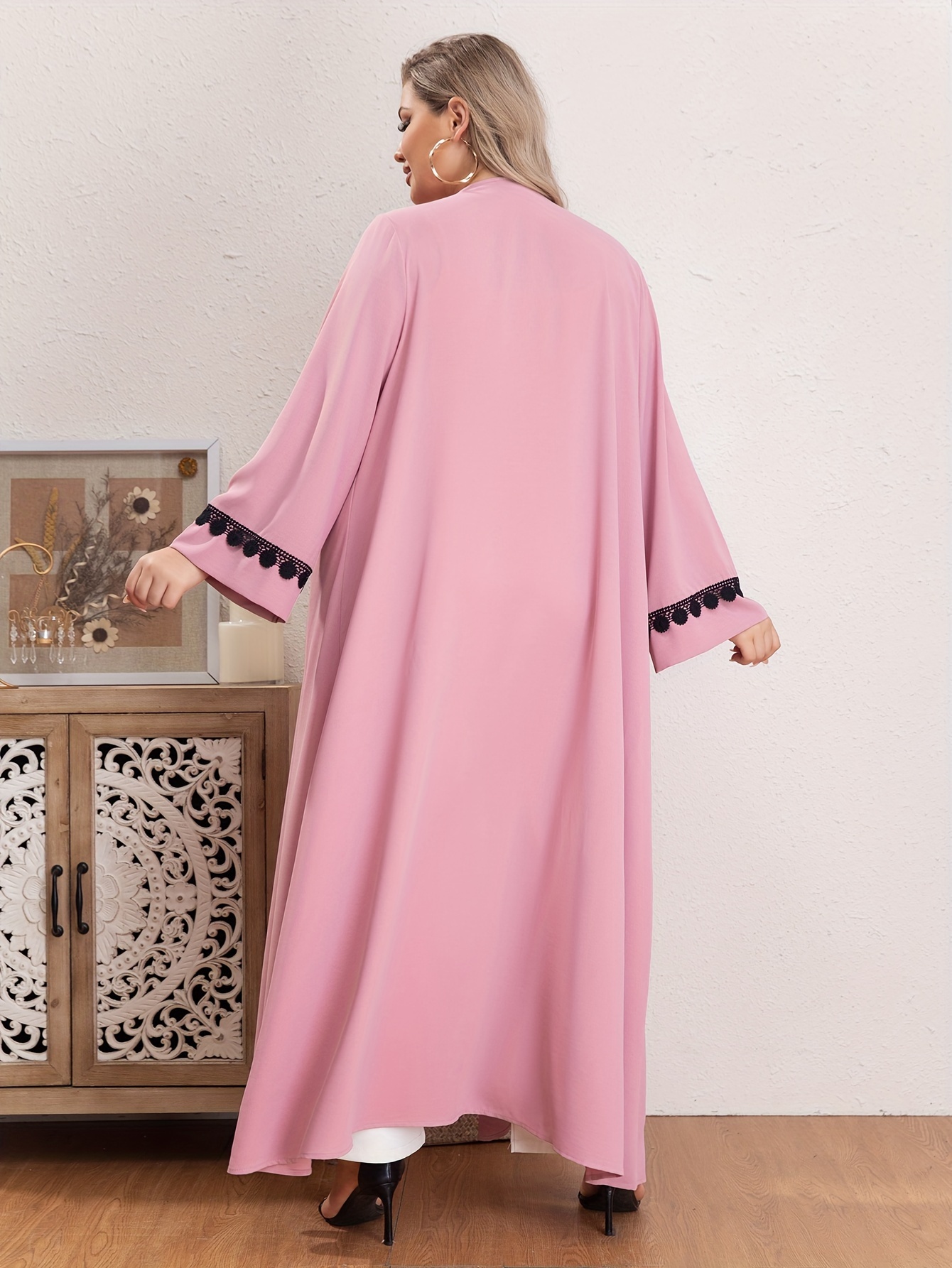 Boho Abaya Robe Contrast Lace Long Sleeve Open Front Dress