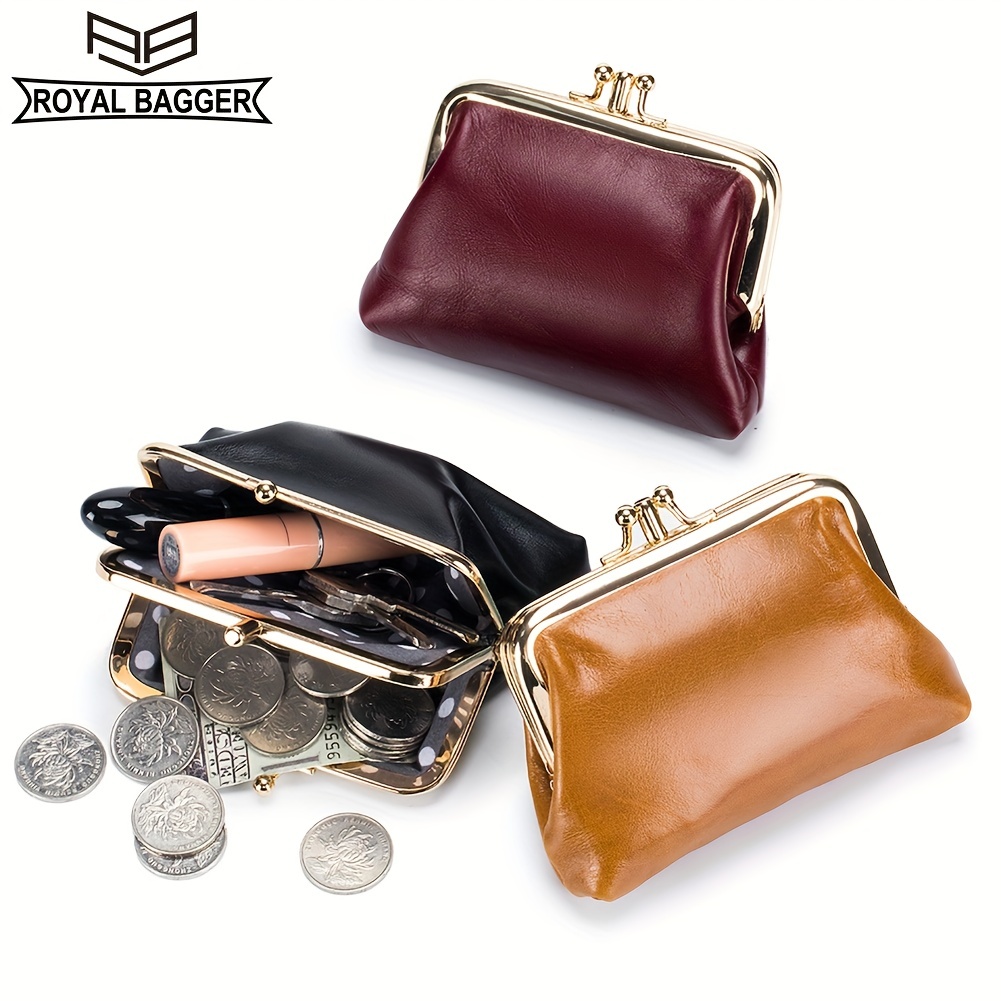 Retro Double Layer Coin Purse For Women, Mini Oil Wax Leather Storage Bags,  Genuine Leather Kiss Lock Wallet For Key, Earphone - Temu