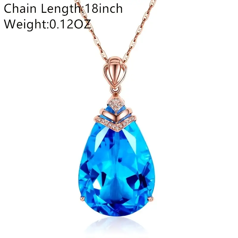 Teardrop Cut Aqua Blue Stone Birthstone Pendant Necklace Bridal Wedding Chain Womens Jewelry