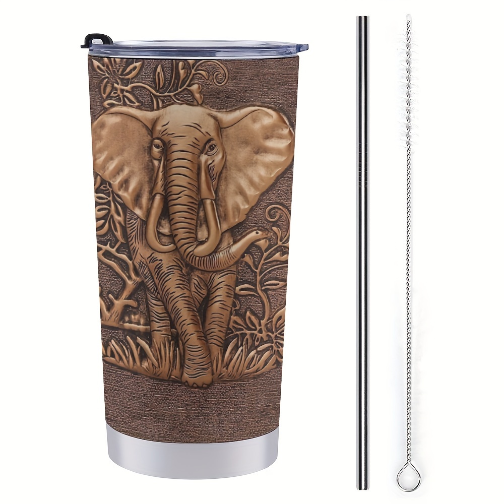 

Cool 2d Elephant Wood Print Tumbler 20oz Insulated Tumblers With Lid Coffee Travel Mug Cup For Men Women Gift For Birthday, With Straw And Brush