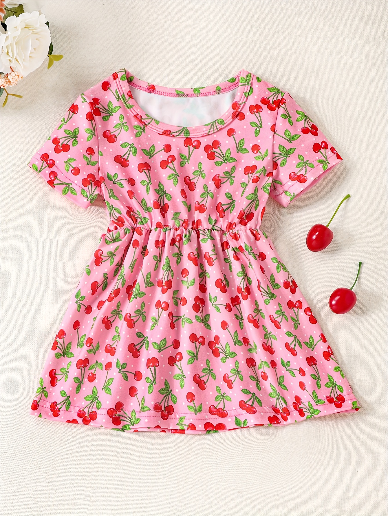 Baby Girl Allover Cherry Print Shirred Strappy Dress - Temu United Kingdom
