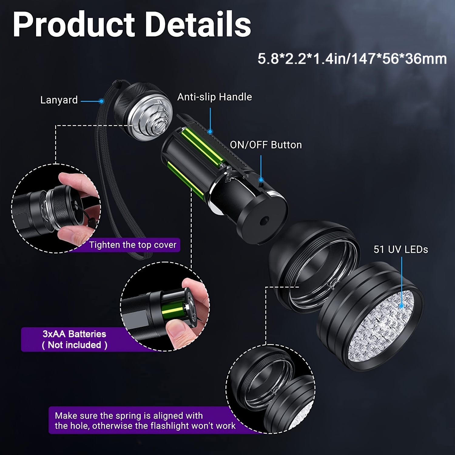 Escolite - Linterna UV de luz negra, 51 LED de 395 nM, linterna  ultravioleta de luz negra para detección de orina de mascotas, manchas  secas