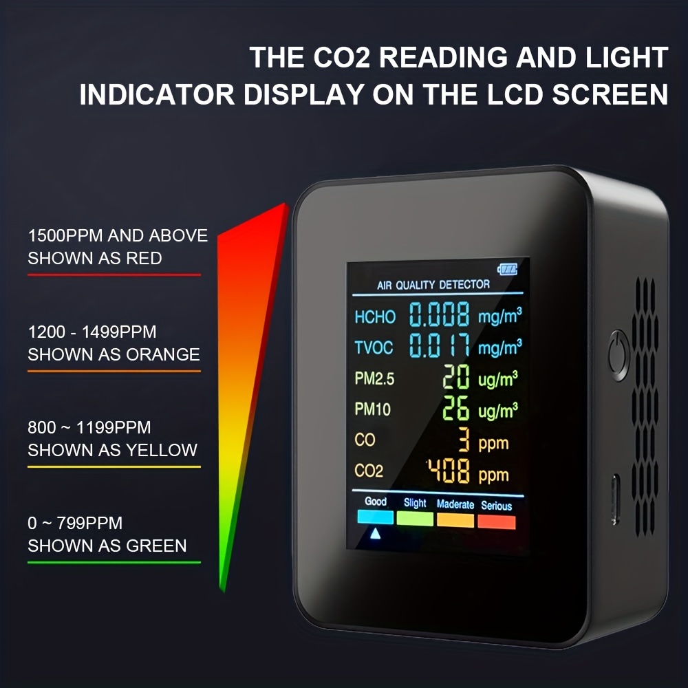 6 In 1 PM2.5 PM10 HCHO TVOC CO2 Air Quality Detector Carbon Dioxide  Formaldehyde Monitor 