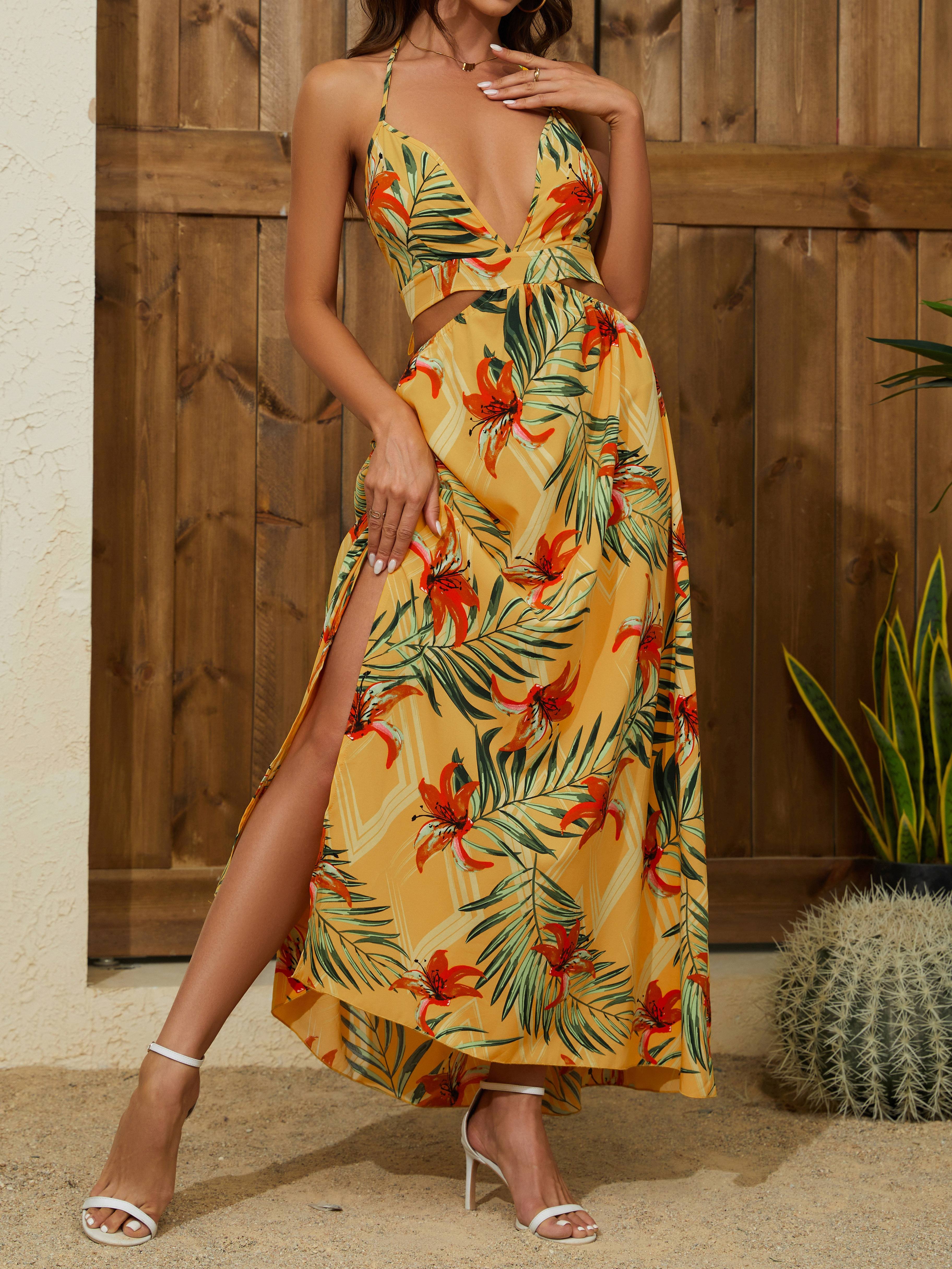 Floor Length Floral Print Halter Dress with Slit