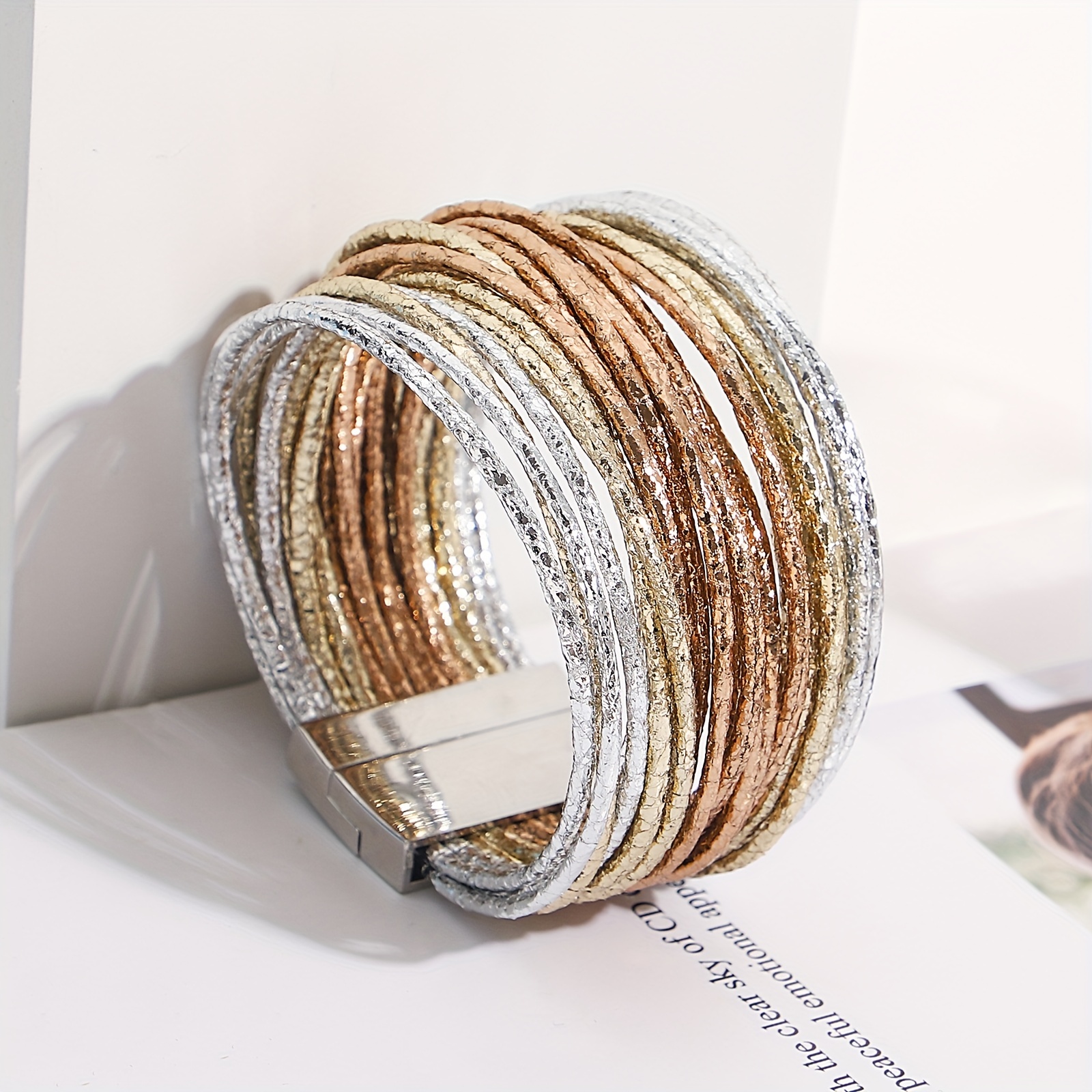 1pc slim stripes wide multilayer wrap bracelet metallic shiny glitter leather cuff bracelet with magnetic clasp jewelry for men women   birthday gifts details 5