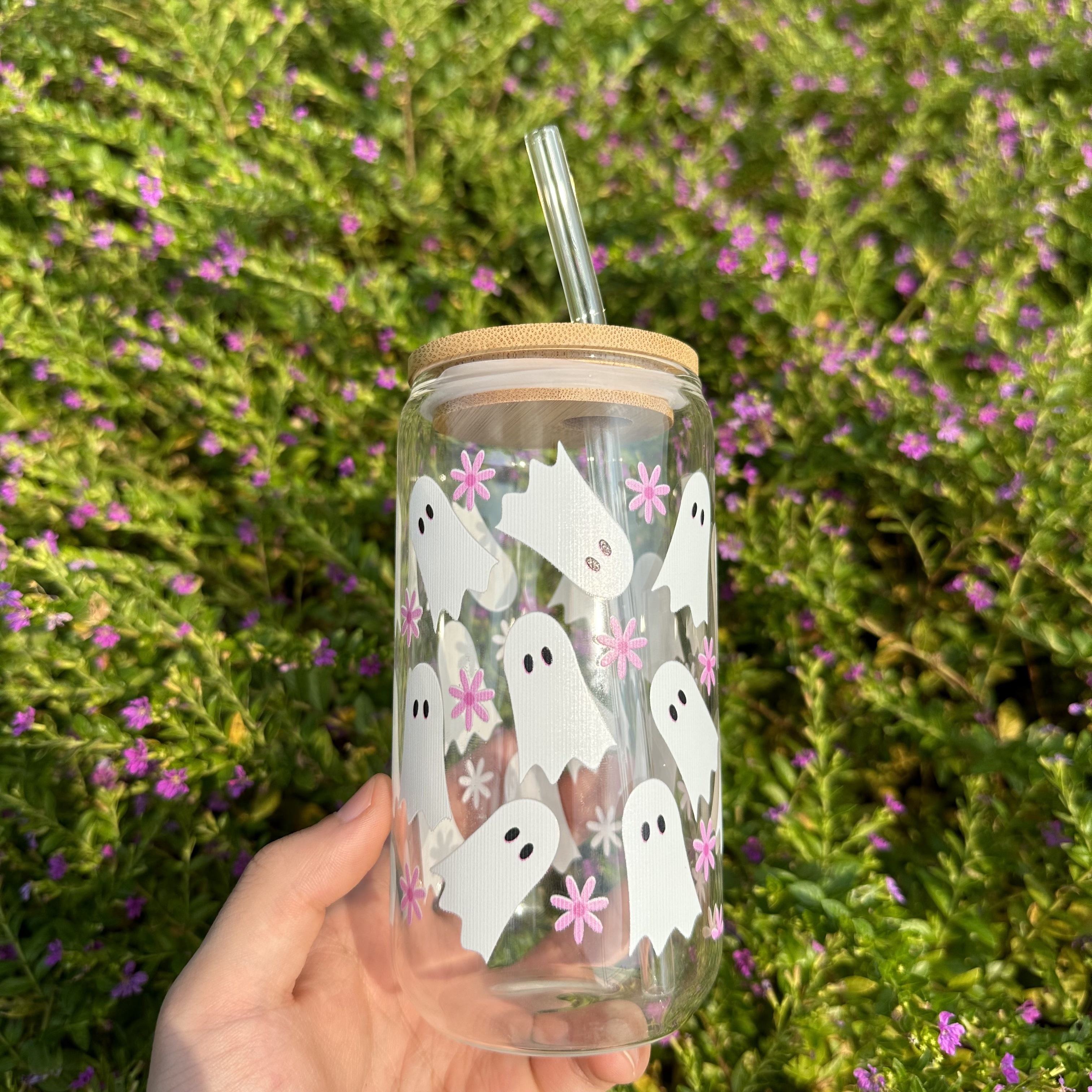 Glass Beer Can / Glass Can / Glass Iced Coffee Cup / Floral 
