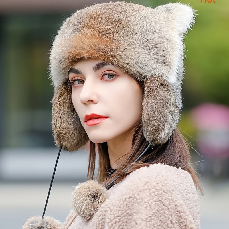 Raccoon Fur Ear Flap Hat With Tail Classic Brown Plush Hats - Temu