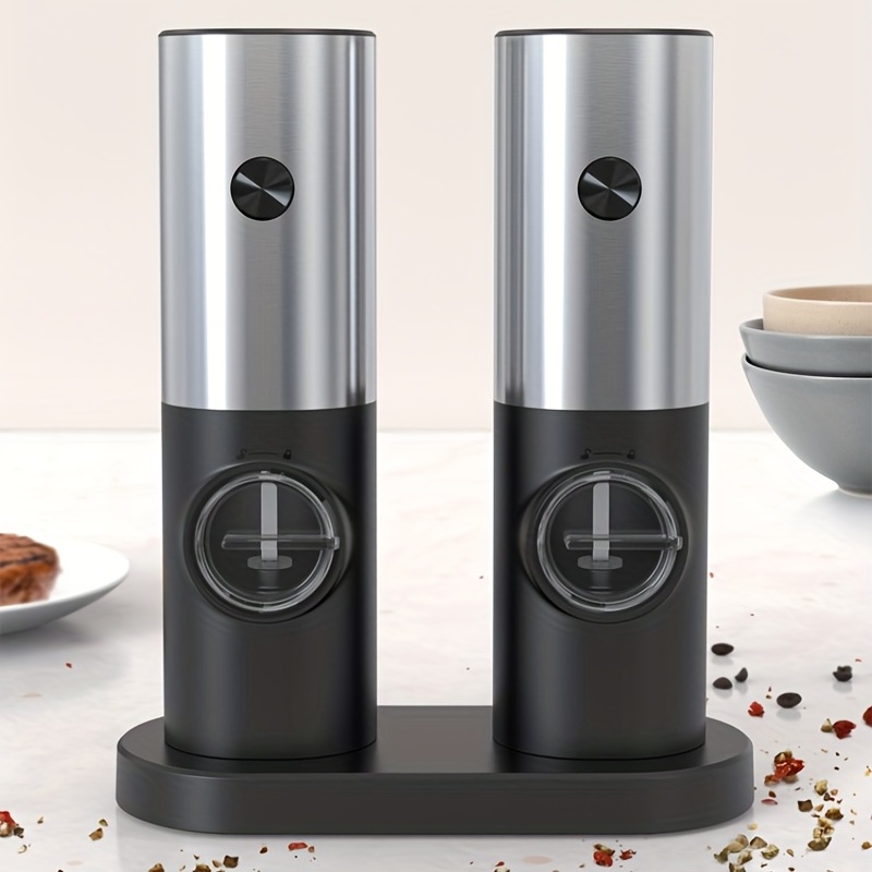 Electric Salt And Pepper Grinder Set With Storage Base, Battery Powered,  Adjustable Coarseness, One-hand One-button Start, Stainless Steel Material,  Automatic Grinding With Led Light For Bbq Restaurant Kitchen, With Brush -  Temu