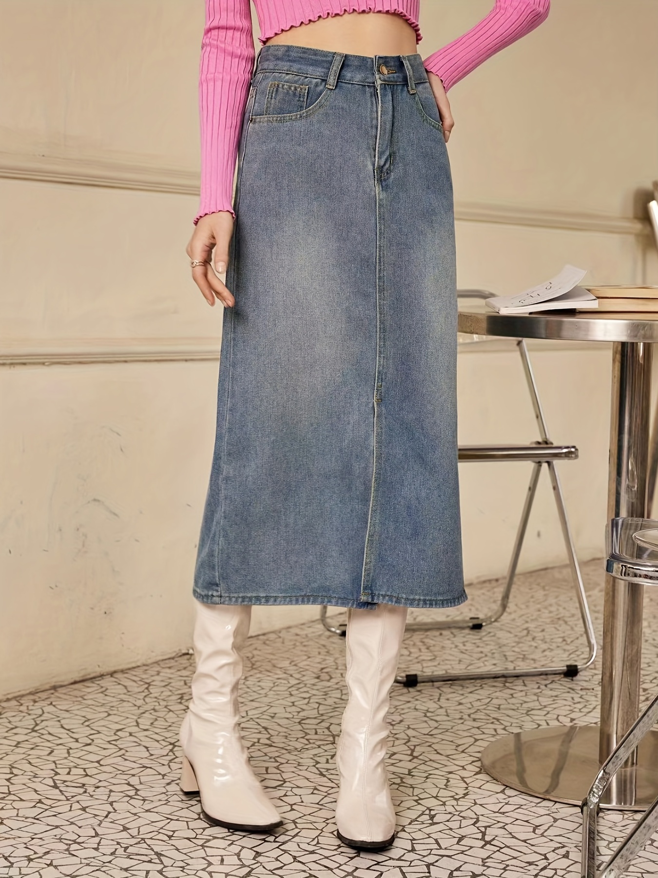 Front Slit Mid High Waist Denim Skirt Slash Pockets