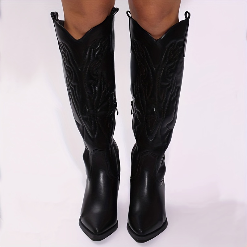 Women's Embroidered Knee High Boots Pointed Toe V cut Side - Temu Canada