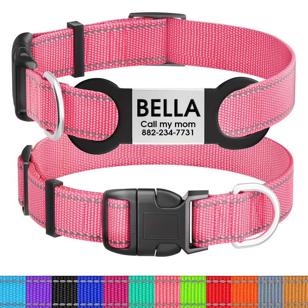 TEMU Adjustable Custom Reflective Nylon Dog Collar With Name Plate - Personalized Pet Id Tag, Buckle Closure, Quick For Safety, Personalized Dog