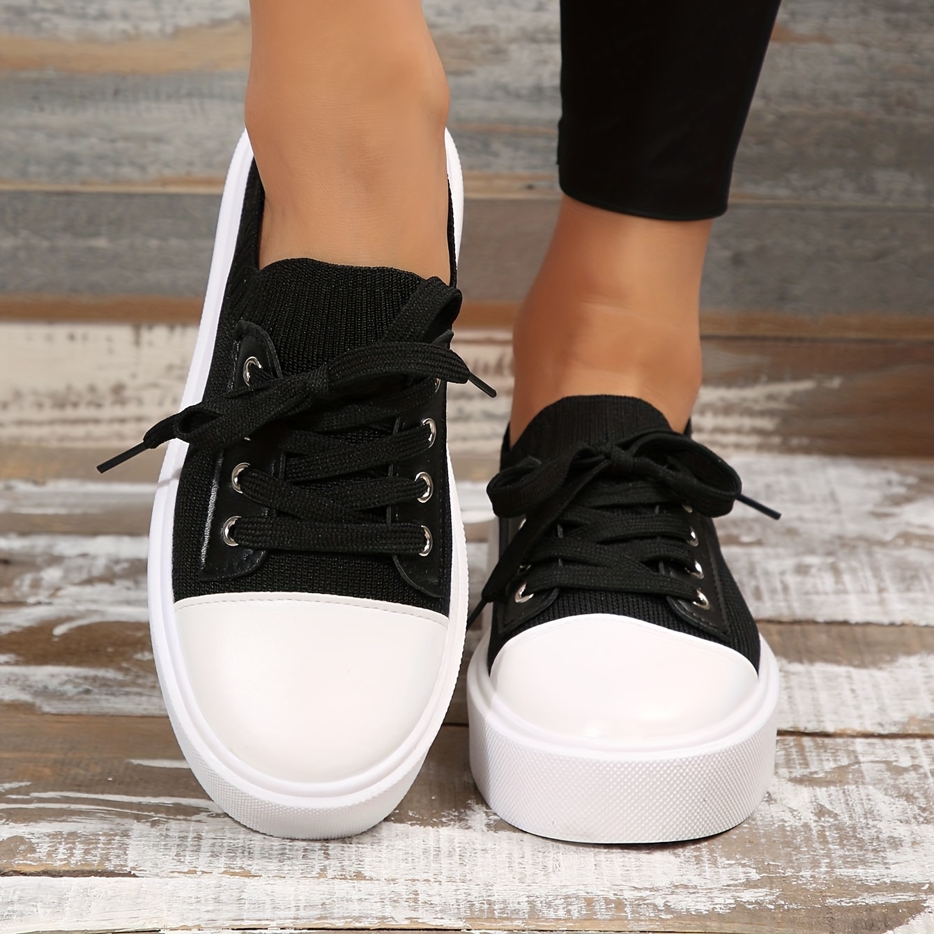 Mujeres Negras Y Blancas Zapatillas, Zapatillas De Plataforma Con Cordones  Casuales, Zapatos De Skate Cómodos Para La Escuela