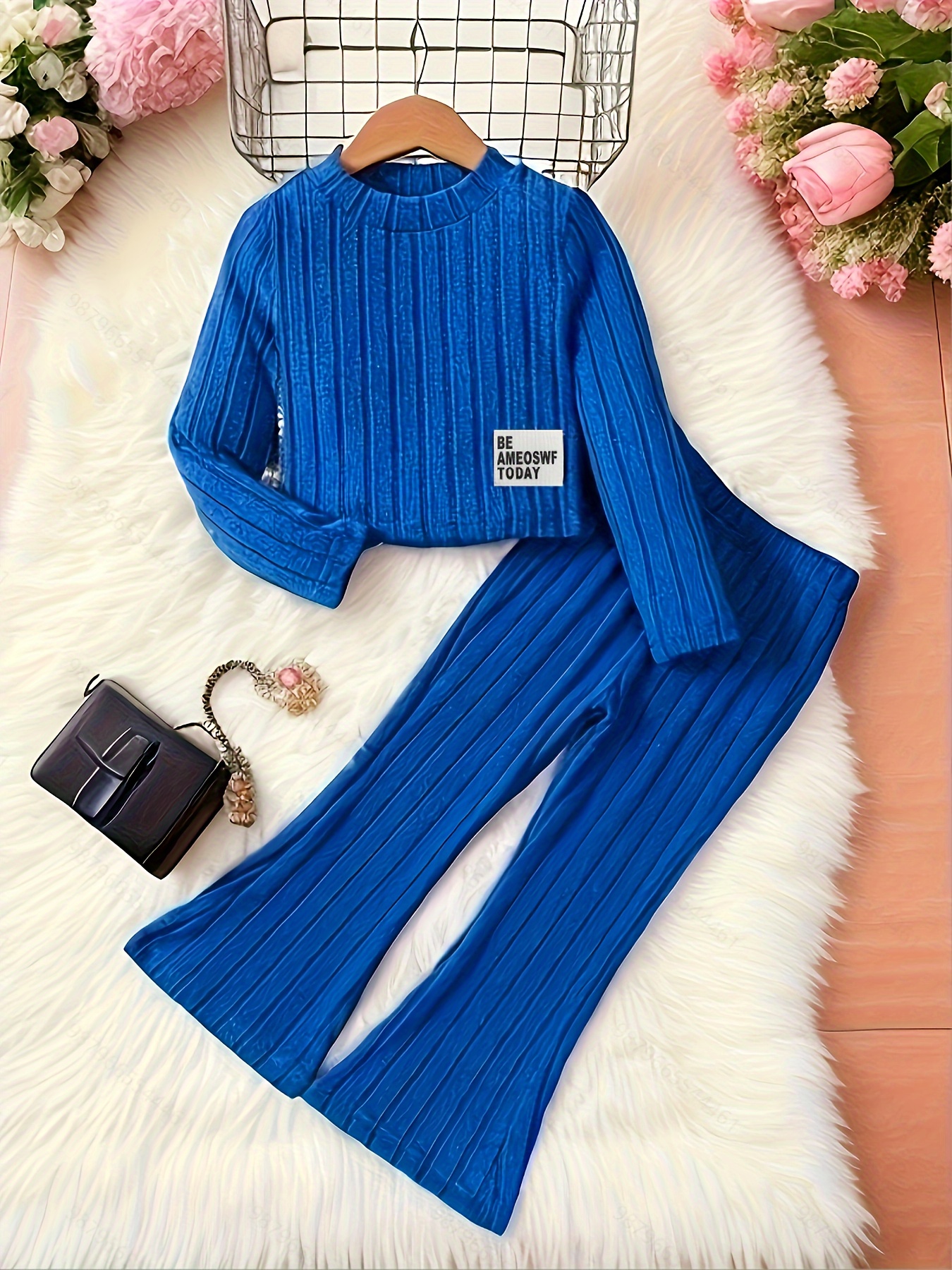 Girls Ribbed Knit Pullover Top + Flare Pants Set Spring Fall - Temu