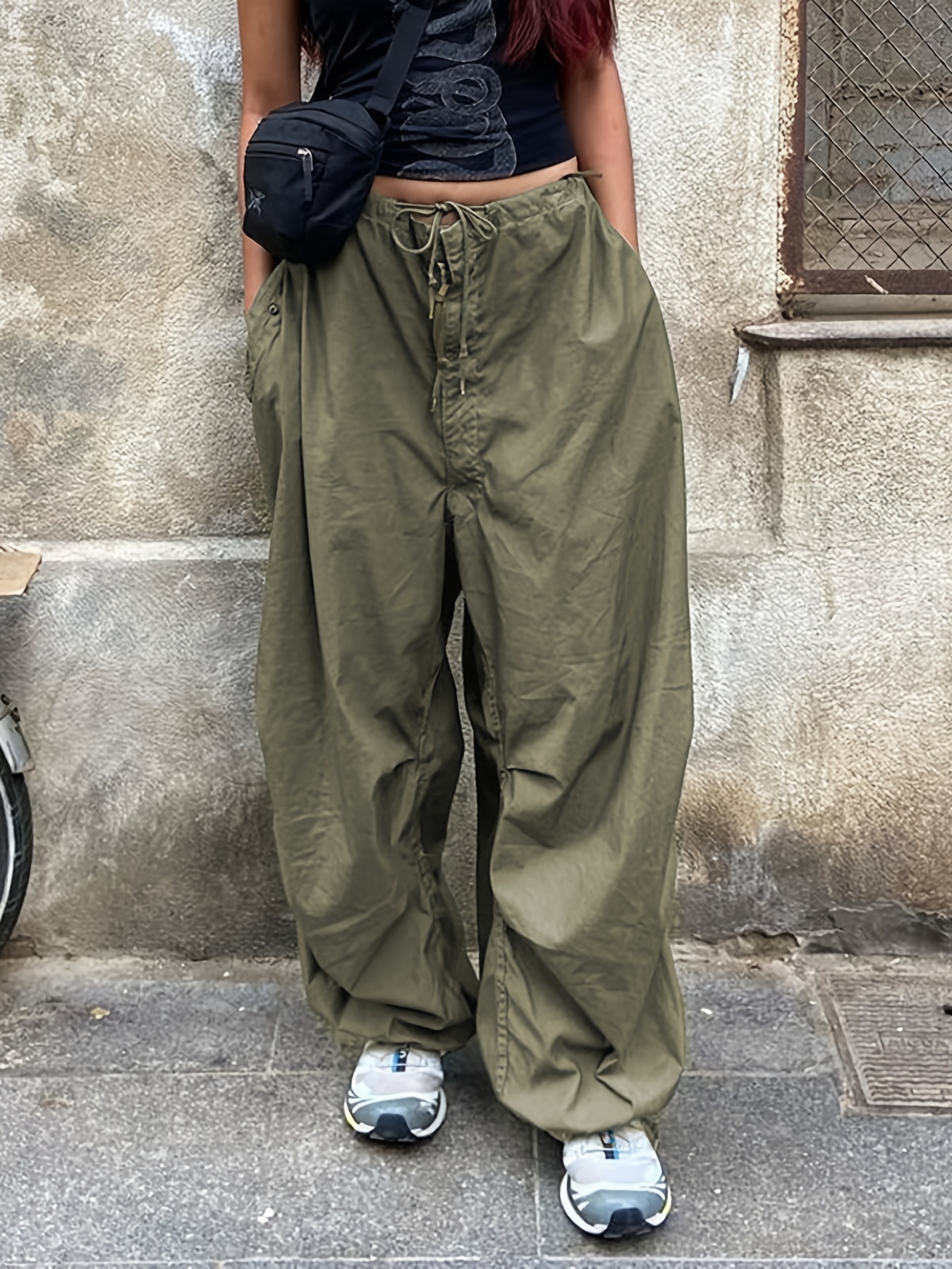 Y2K Loose Drawstring Cargo Pants, Casual Pocket High Waist Solid Wide Leg  Fashion Comfy Pants, Women's Clothing