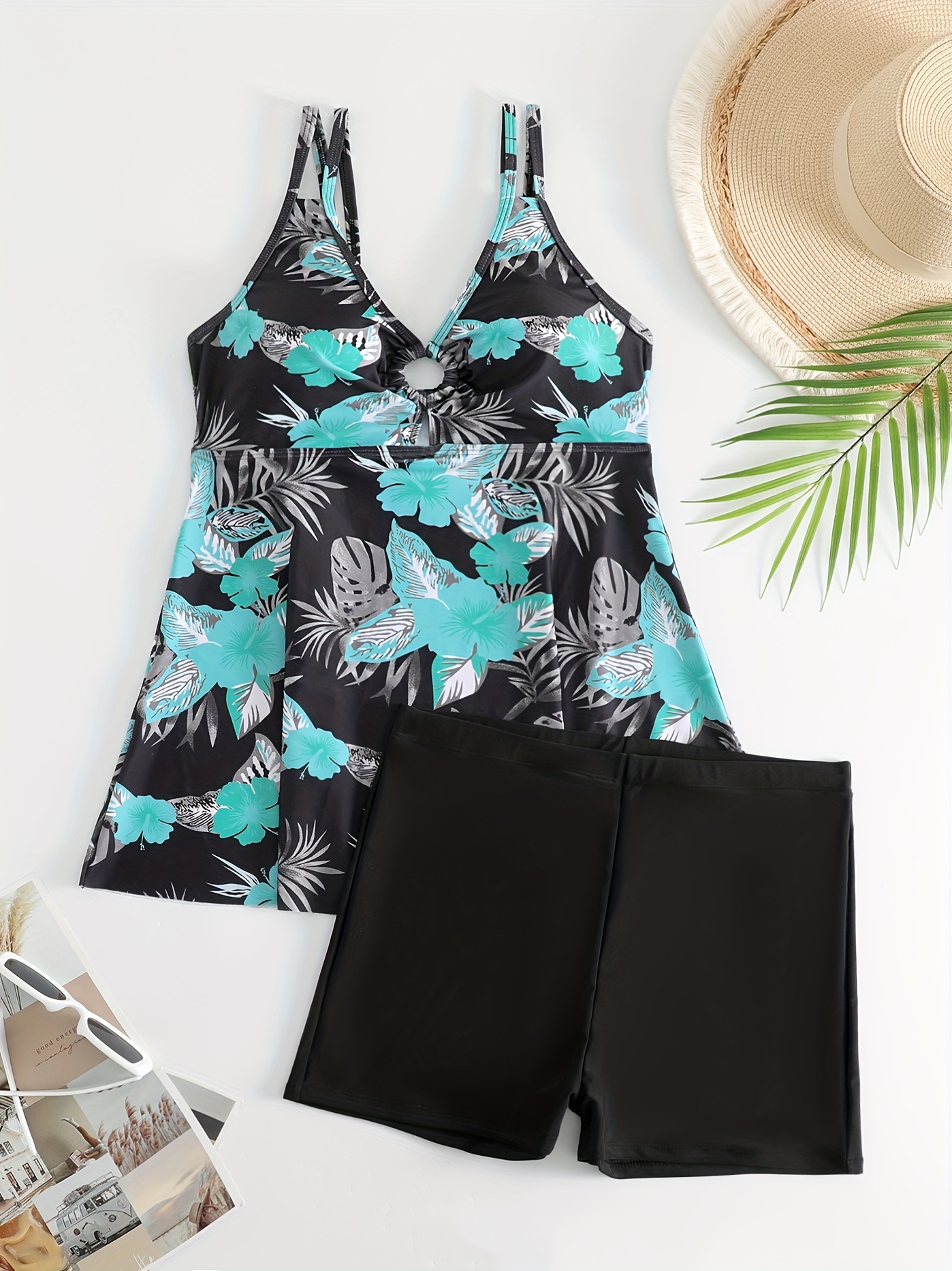 Solid Color Hollow Tankini Sets V Neck Ring linked - Temu
