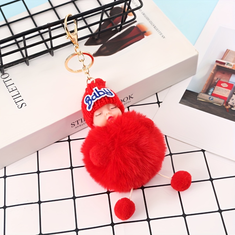 Touchy Style Cute Sleeping Doll Fur Key Chain Car Keychain Pom-Pom Curly Hair Doll Plush Ball Doll Bag Charm Cute Car Key Ring Jewelry White / 13 cm